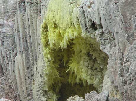 Beautiful sulfuric crystals at the hot springs near Pangururan, Lake Toba